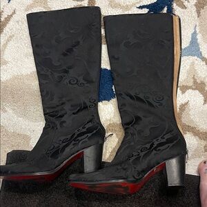 Italian Shoemakers Black Embossed Mid-Calf Heeled Boots with Red Soles